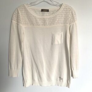 Marani Knit Top Small White BlouseEyelet Lace Office Cottagecore Neutral